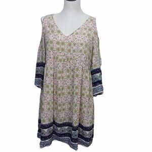 Entro Floral Boho Cold Shoulder Border Print Dress Size Med